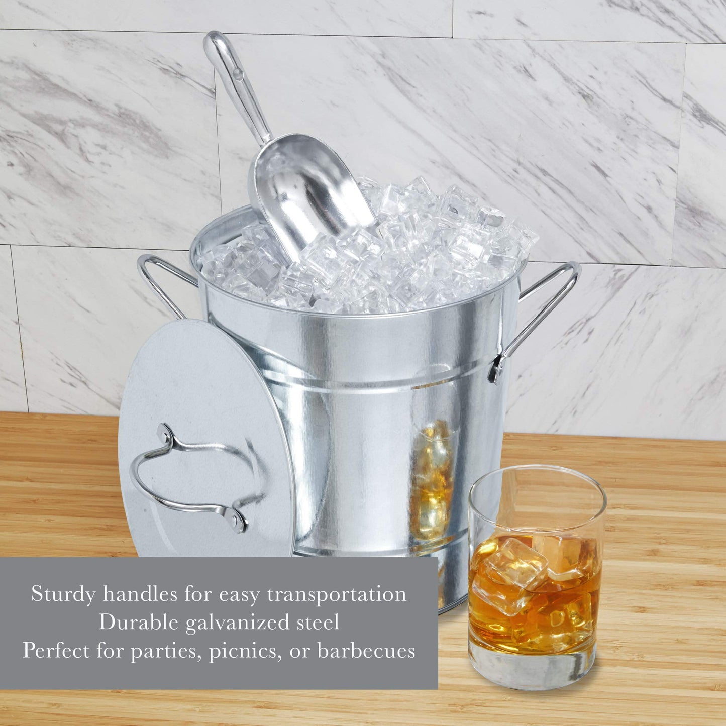 Twine Insulated Ice Bucket with Lid, Scoop & Handles for Beer, Wine, Champagne, Beverages, 1 Gal Galvanized Metal Bucket, Steel Ice Container for BBQs, Indoor & Outdoor Party Supplies, Bar Accessories