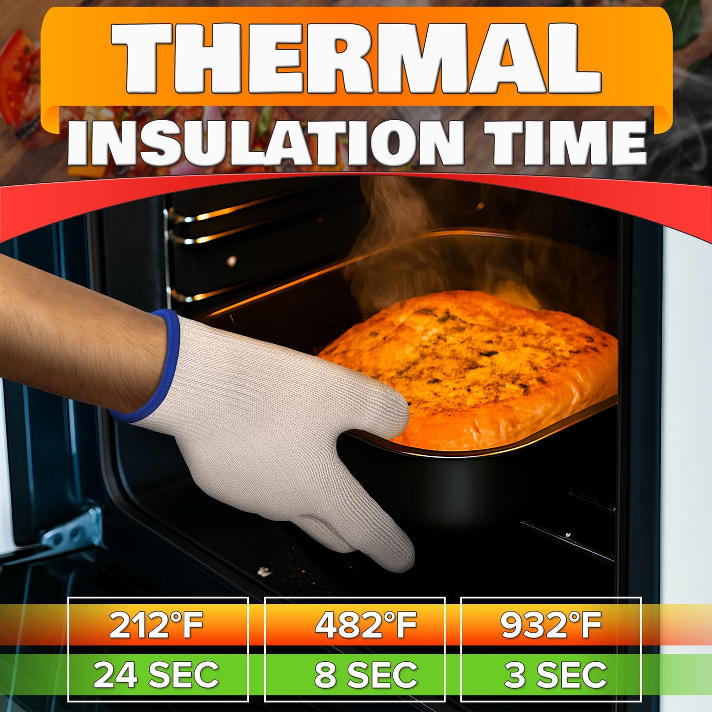 Heat Resistant Gloves for Cooking & Grilling – Aramid Oven Mitts Gloves with Fingers, Thick Knit Design Ensures Short-Term Hand Protection up to 932°F – Secure Grip for Baking, Fryer, and BBQ
