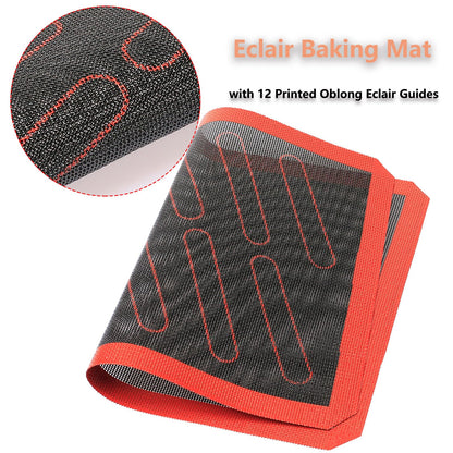 Perforated Silicone Baking Mats, 2 PCS Eclair Silicone Mat for Half Sheet with 12 Printed Oblong Eclair Guides, Non-Stick Reusable Oven Liners for Making Bread/Pizza/Pastry/Cookie 11-4/5" x 15-3/4"