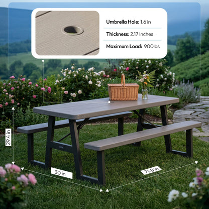 LIFETIME 6-Foot Folding Picnic Table with Benches, Seats 8, Heavy-Duty HDPE Tabletop, Steel Frame, Weather & UV Resistant Outdoor Picnic Table with Umbrella Hole