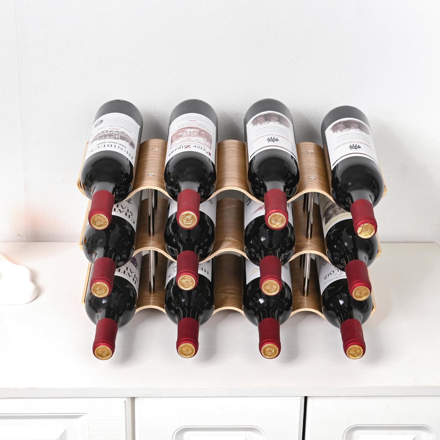 TRUDING Countertop Wine Rack - 12 Bottle Freestanding Wine Bottle Holder Stand - 3 Tier Wooden Wine Storage Rack - Wavy Wine Organizer for Cabinet Pantry Home Kitchen Bar