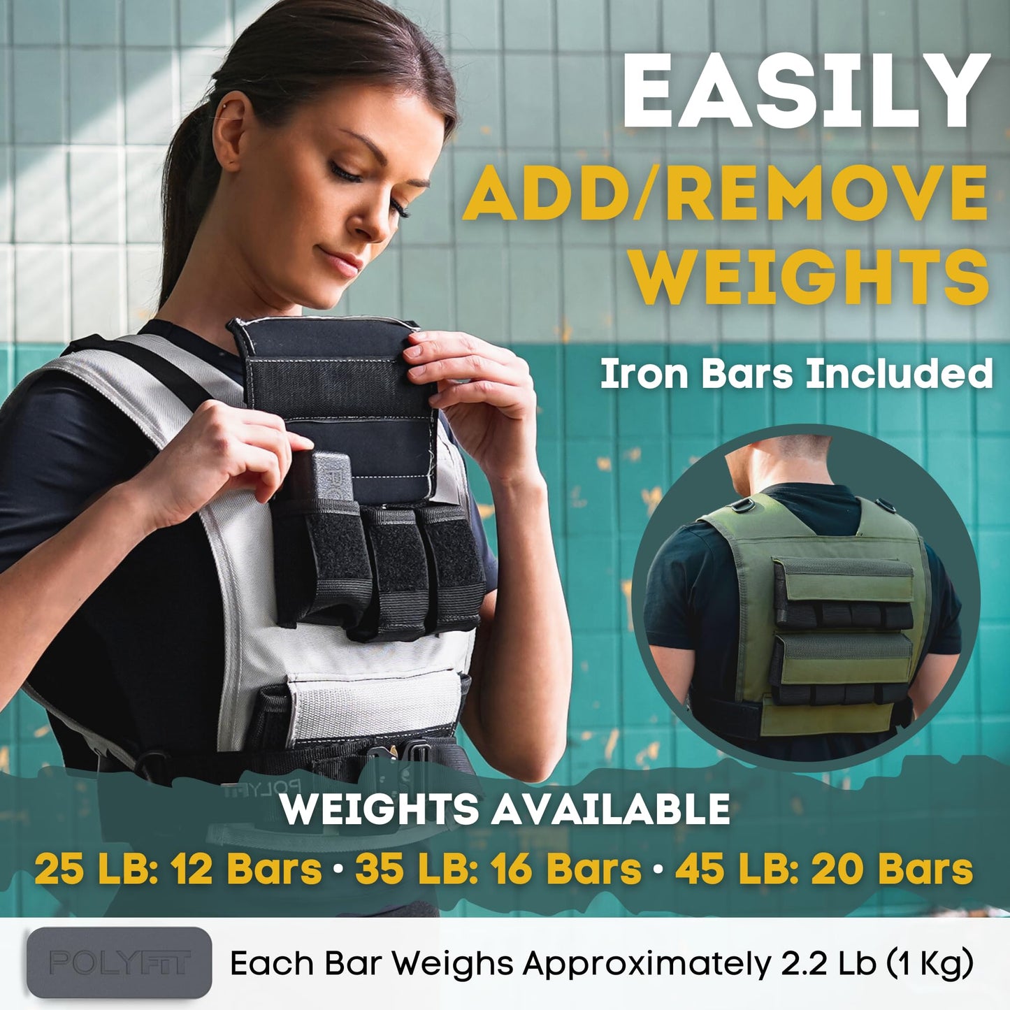 Polyfit (Warrior) Adjustable Weighted Vest - 25lb | 35lb | 45lb - Weight Vest with Adjustable Iron Weights for Men and Women - Workout Vest for Strength Training, Running, Walking, Rucking - GREEN - 20KG