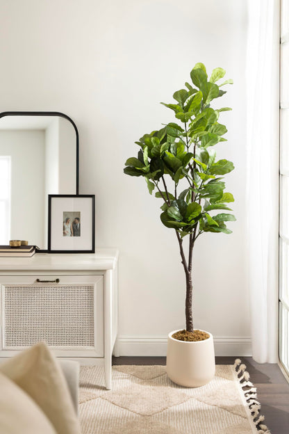 Kate and Laurel Fidmont Faux Fiddle Fig Tree with Jia Curved Planter Pot, 6 FT, Cream, Potted Artificial Tree Indoor with Realistic Foliage and Added Moss, Fake Plant for Living Room Decor