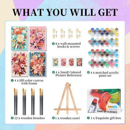 4 Pack Framed Paint by Numbers Kit for Adults with Wooden Easel, Flowers Paint by Numbers with Frame for Beginner, Flowers Adult Paints by Number Kits on Canvas Framed for Wall Decor 8 x 12 Inch
