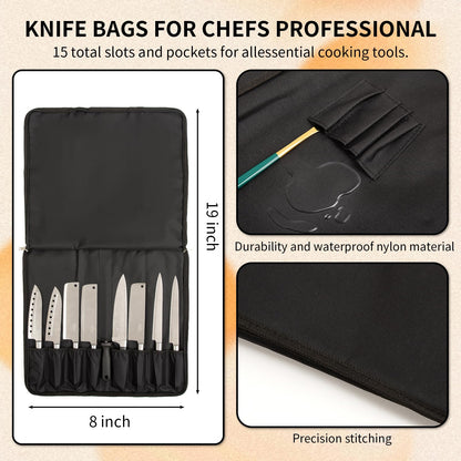 Chef Knife Roll Bag, Oxford Cloth knife bags for chefs professional, Portable 15 Slots chef bag With Zipper Close, With Adjustable Shoulder Strap knife carrying case Hold Home Kitchen Knife Tools