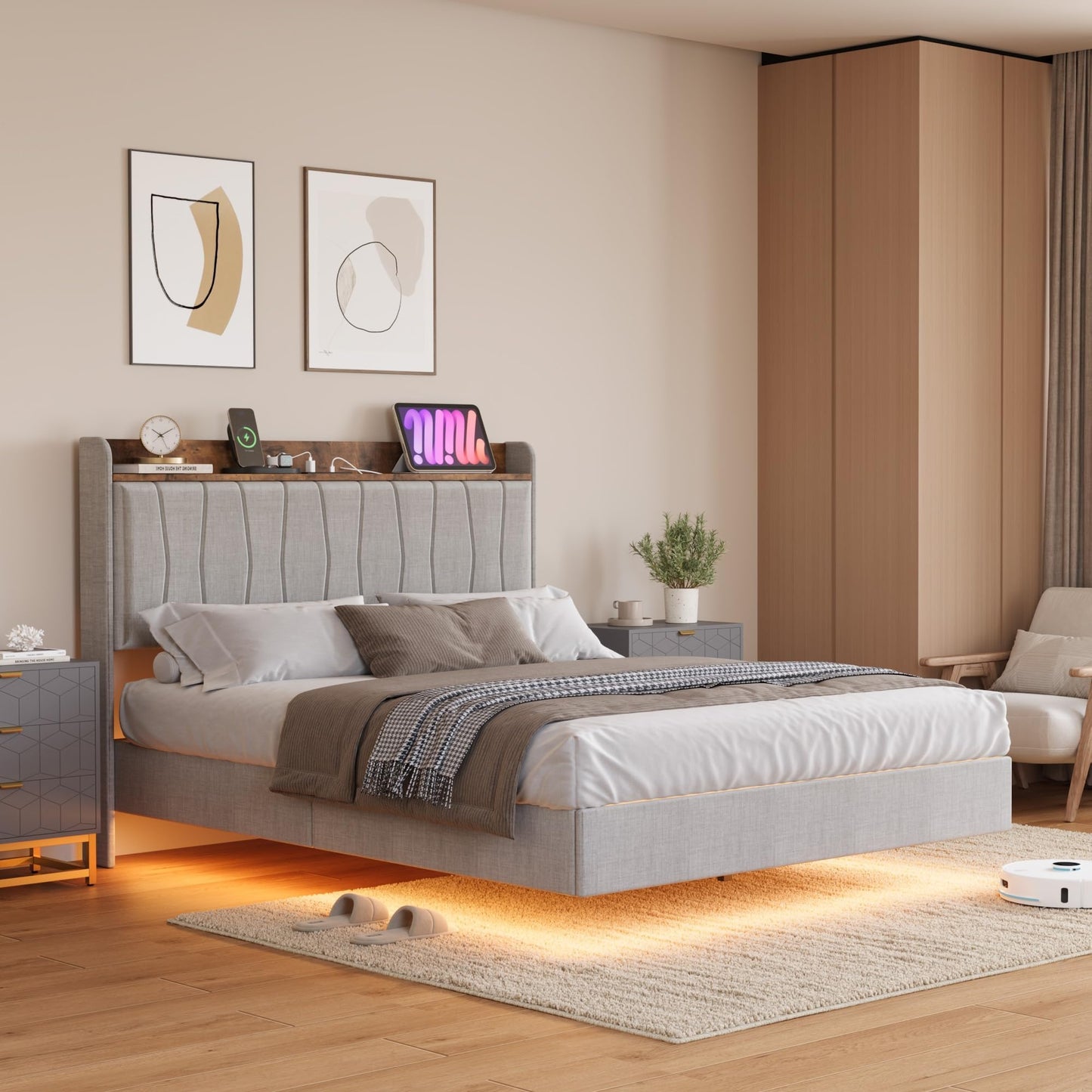 GarveeHome Floating Bed Frame Full with LED Lights & USB Charging Station – Modern Upholstered Platform Bed with Headboard, Solid Wood Slats Support, No Box Spring, Easy Assembly, Noise-Free, Grey