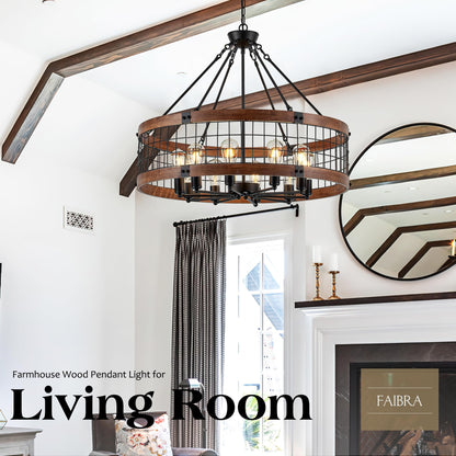 Faibra 10-Light Farmhouse Drum Wood Pendant Light,32'' Vintage Rustic Brown Oak Wood Chandeliers,Retro Industrial Hanging Light Fixtures for Dining Room Entryway, Bedroom