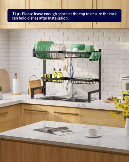 Kitsure Over The Sink Dish Drying Rack - 30.0" to 33.9" x 21.5", Adjustable Sink Drying Rack for Kitchen Sink with Multifunctional Baskets, Black