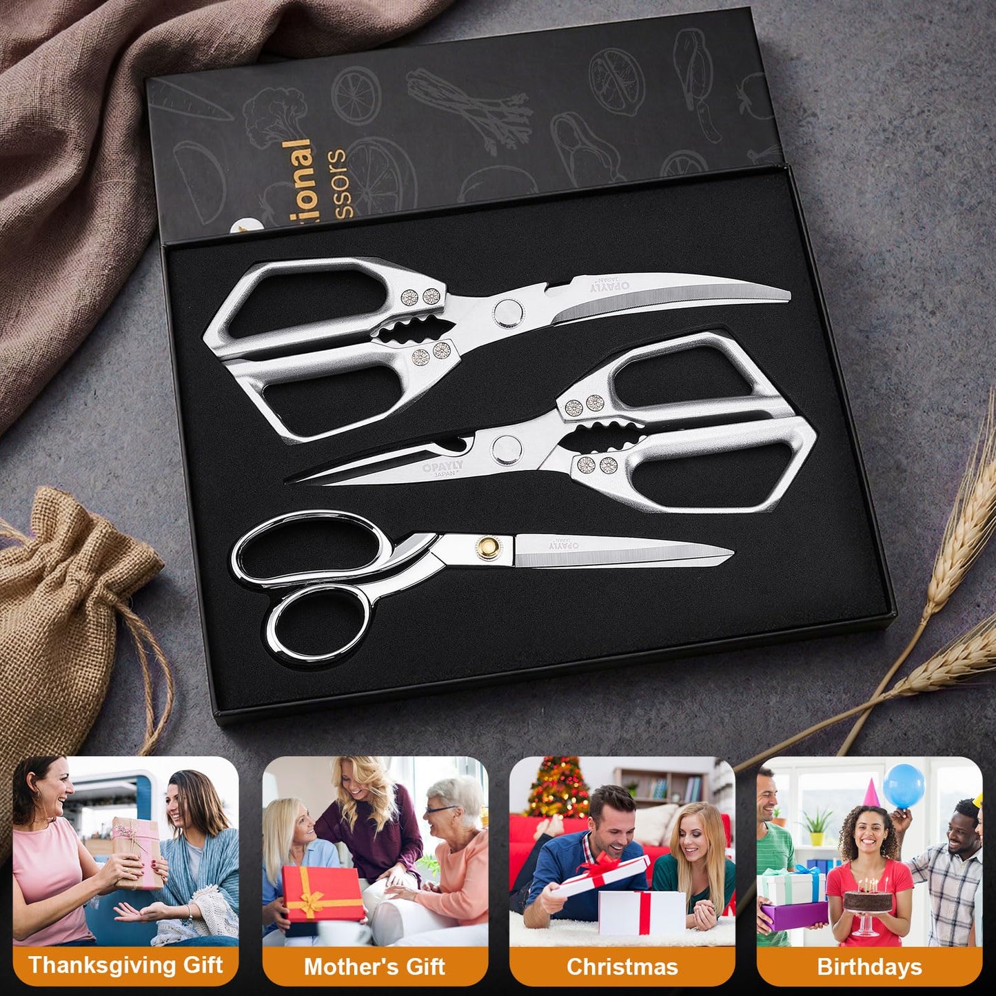 3PCS Heavy Duty Kitchen Scissors Set All Purpose - Stainless Steel Scissors Meat Scissors Dishwasher Safe Japanese Cooking Scissor for Food Paired with household tailor shears Gifts for Men Women