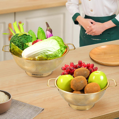 Gold Strainer for Kitchen, 3QT, Stainless Steel Colander with Handle for Fruits Vegetables Cooking Food, Dishwasher Safe