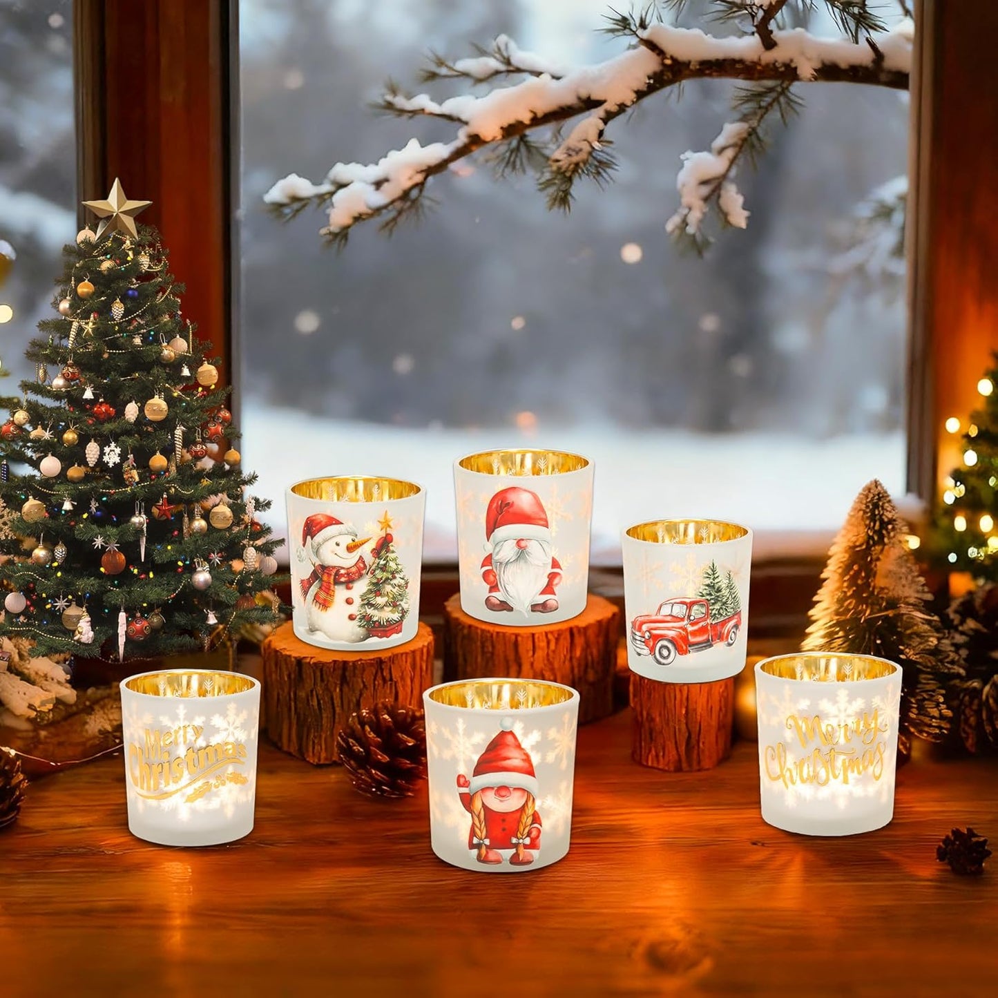 Regine Switzerland Christmas Votive Candle Holders - Set of 3 White, Gold & Red Glass for Holiday Decor | Gnome, Truck & Snowman Designs