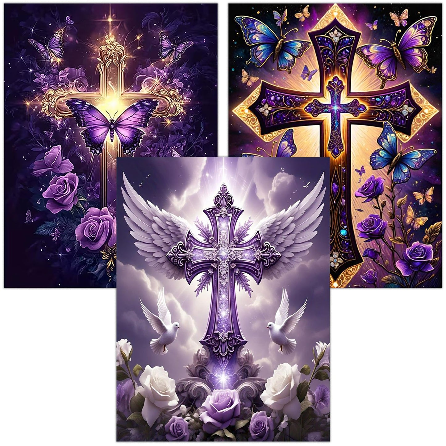 croshom Cross Diamond Art Kits for Adults, 3 Packs Cross Diamond Painting Kits for Adults, 5D DIY Religious Full Round Drill Gem Craft for Adult Gifts, Home Wall Decor 11.8" x 15.7"