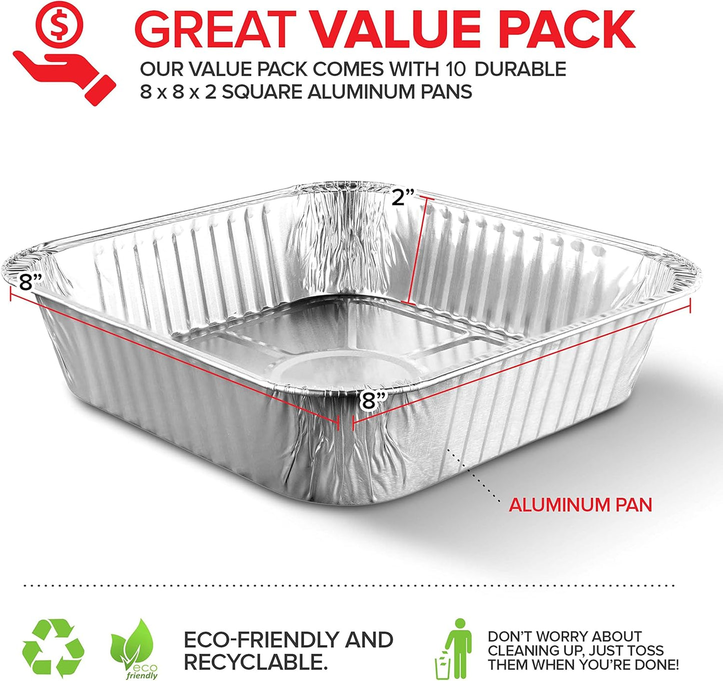 8x8 Foil Pans, 10 Pack, 8 Inch Square Aluminum Pans for Baking