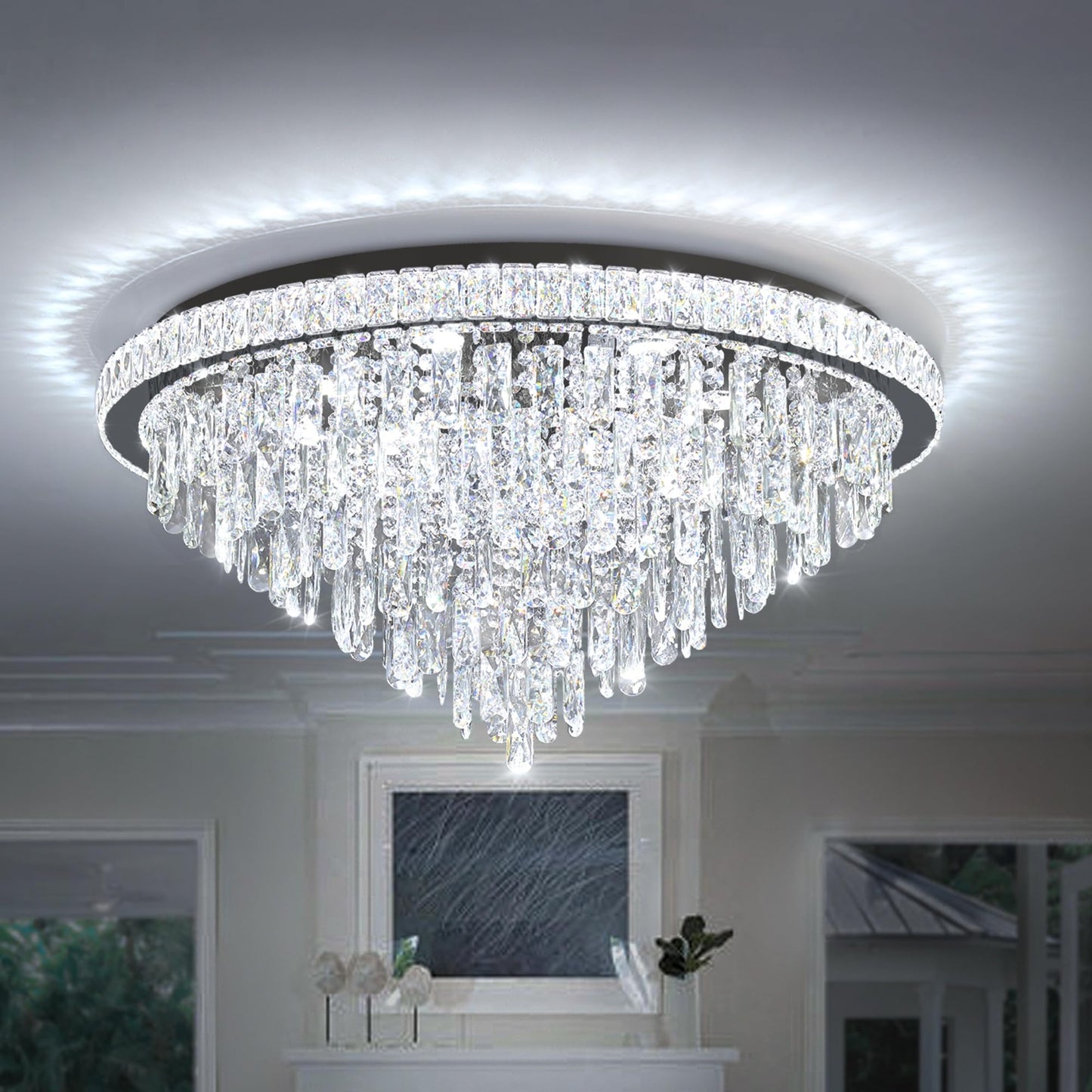 Dia 32" Modern Crystal Chandeliers LED Dimmable Living Room Chandelier Black Pendant Lighting Crystal Ceiling Light Fixture for Entrance Bedroom Hallway Foyer