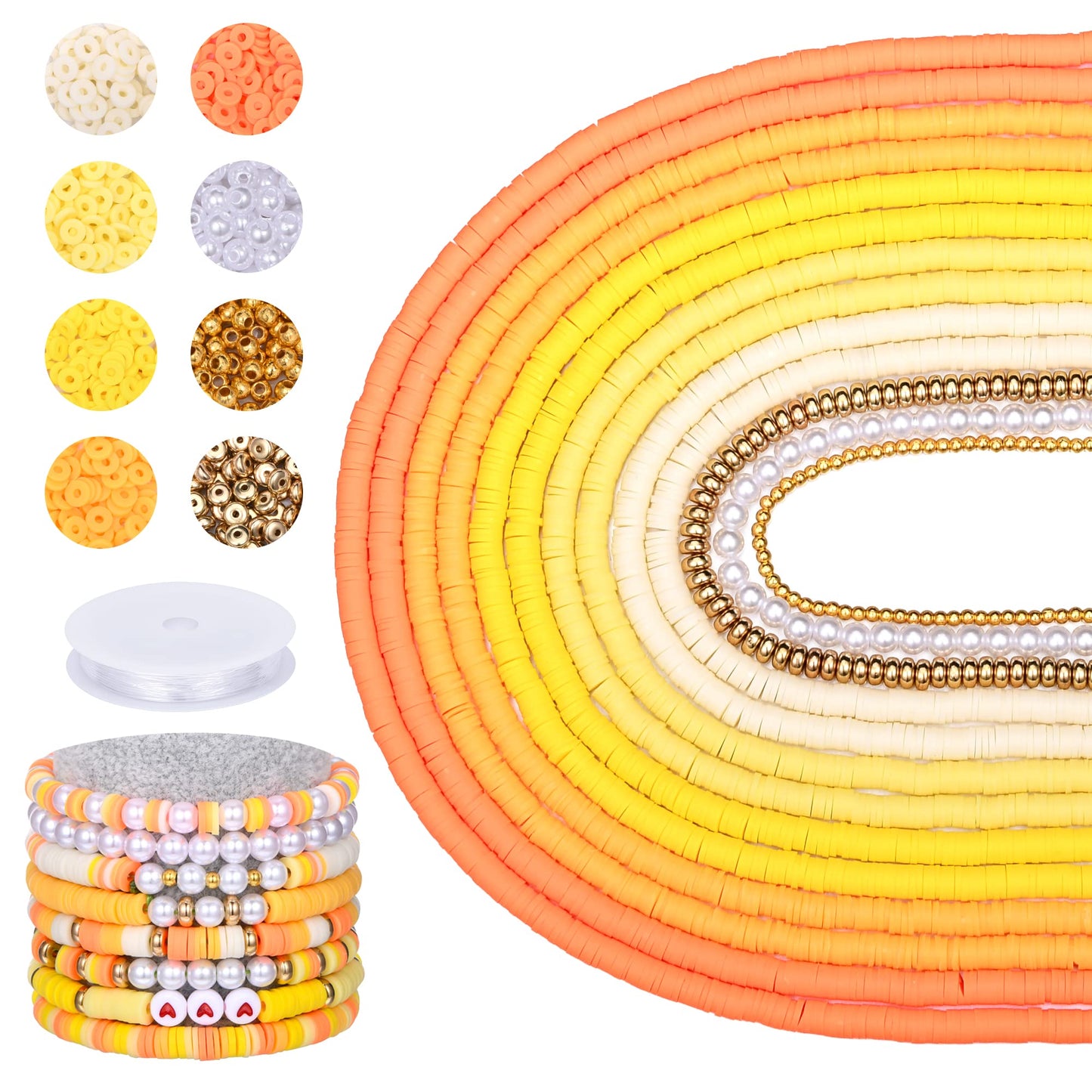 AceFun 3750PCS Clay Beads for Bracelets Making Polymer Clay Beads Kit with Pearl Beads Spacer Beads, Disc Heishi Beads Set for Jewelry Making Necklace Bracelet Earrings Finding, Yellow Mixed
