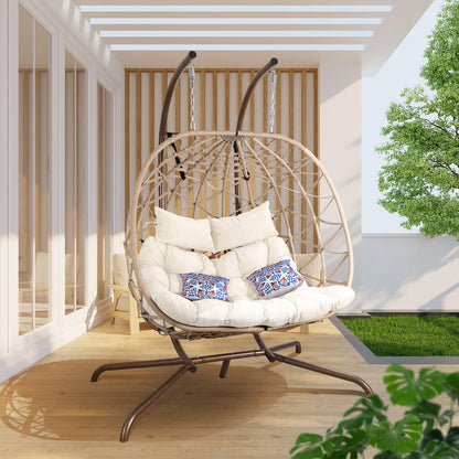 NOBLEMOOD Outdoor Egg Swing Chair with Stand, 2 Person Patio Swing Chairs with Thick Cushions and Pillows, Wicker Double Egg Chair Swing for Indoor Bedroom