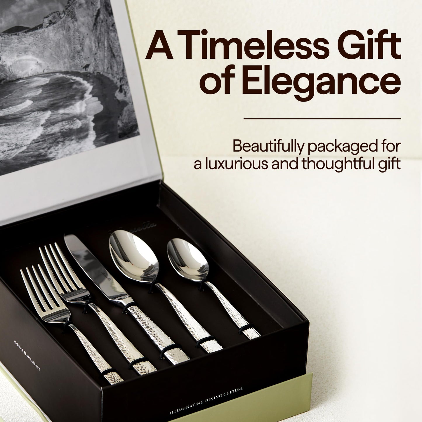 Luciella Ponza Flatware Set for 12, 65-Piece Stainless Steel Silverware Set with Serving Utensils, Timeless Hammered Design, Rust-Resistant, Mirror Polished & Dishwasher Safe, House Warming Gifts