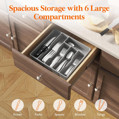 Lifewit Silverware Drawer Organizer Tray, Plastic Cutlery Storage for Kitchen Drawer, 6 Compartment Flatware and