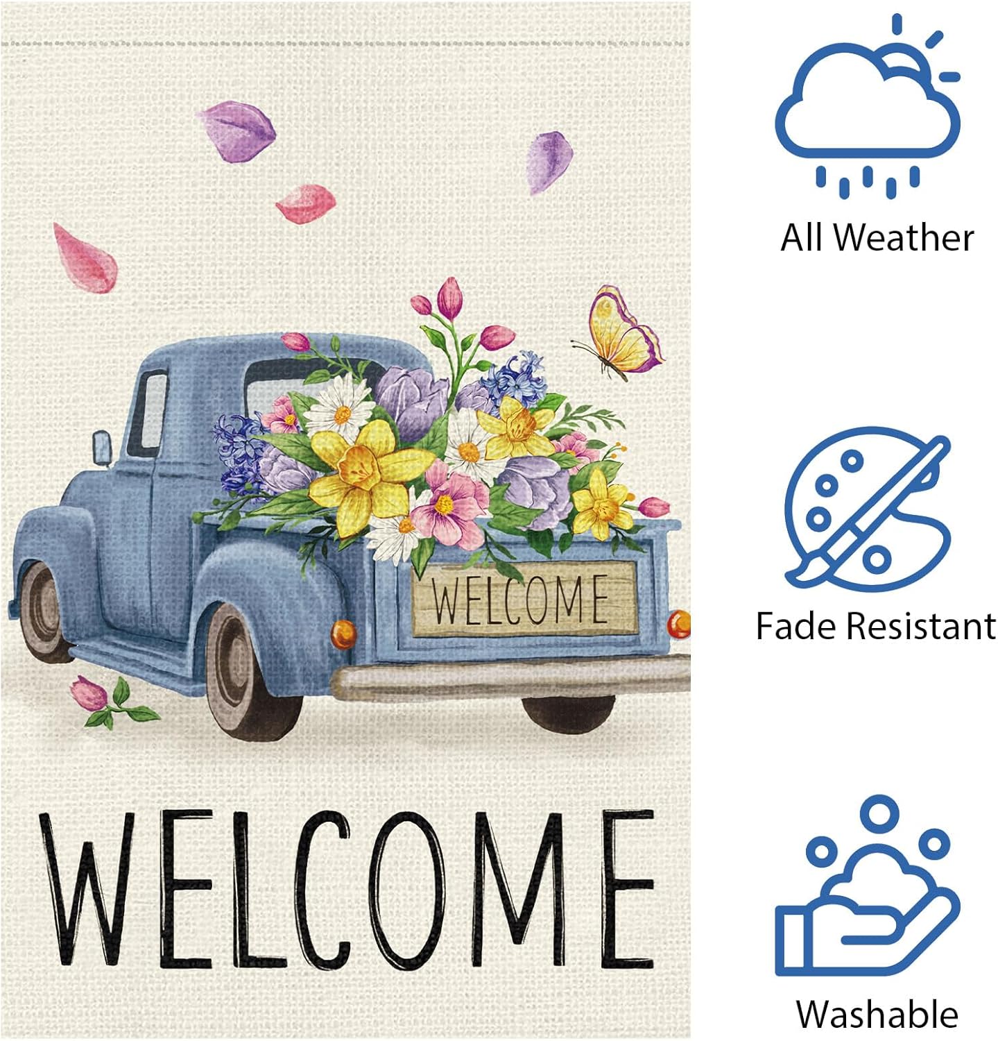 Welcome Spring Garden Flag 12x18 Double Sided Vertical Burlap Retro Truck Floral for Outdoor Decoration
