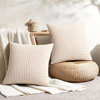 24x24, Set 2, YCOLL Fall Pillow Covers Modern Accent Throw Pillow Covers of Burnt Orange Striped Patchwork Linen