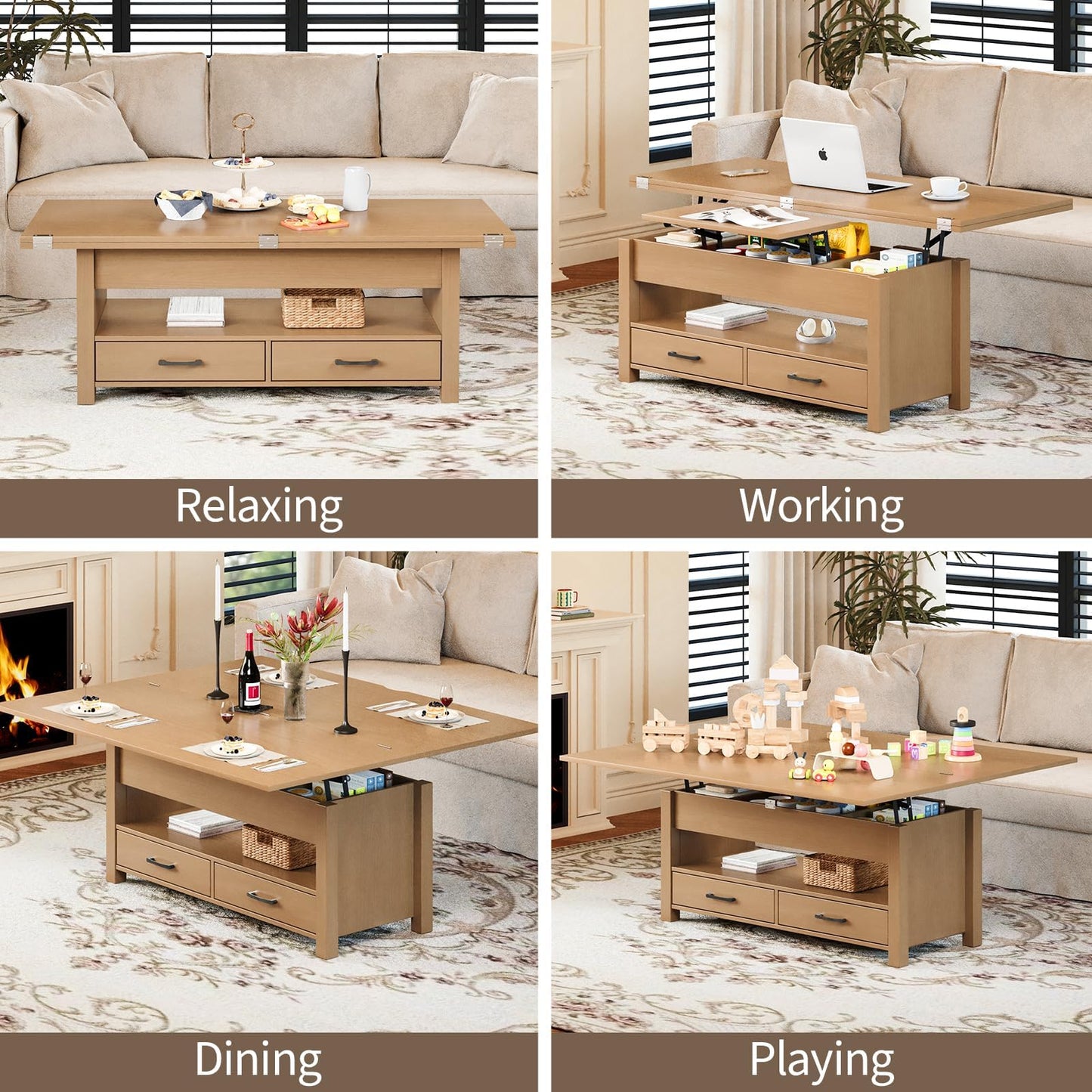 Garvee 40" Coffee Table Lift Top, Multi-Function Convertible Coffee Table with Drawers and Hidden Compartment, Converts to Dining Table for Living Room, Raw Wood