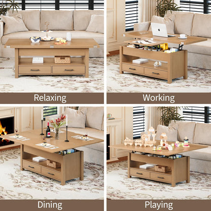 Garvee 40" Coffee Table Lift Top, Multi-Function Convertible Coffee Table with Drawers and Hidden Compartment, Converts to Dining Table for Living Room, Raw Wood