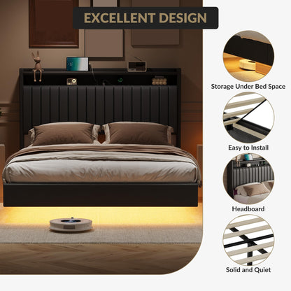 IDEALHOUSE Queen Floating Bed Frame with LED Lights and Storage Headboard, Bed Frame with Modern Minimalist Style for Bedroom/Vacation Home,Silent & No Box Spring Required,Easy to Assemble,Black