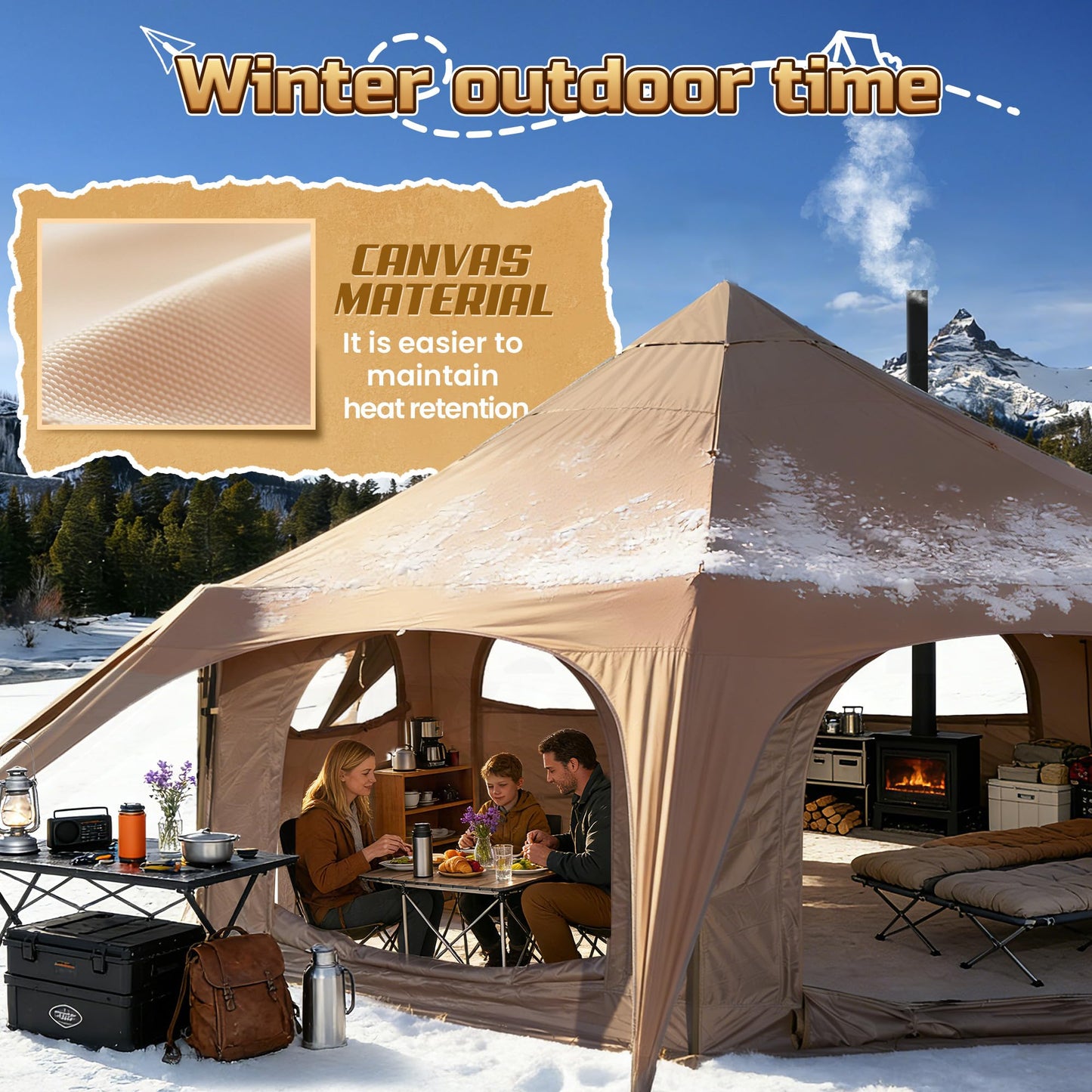 WildFinder 16.5ft Canvas Bell Tent, Large Yurt Tent with Stove Jack for Camping & Glamping, 55" High Walls, Maximum Space, Waterproof 4 Season Hot Tent with 8 Mesh Windows & Removable Floor