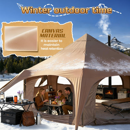 WildFinder 16.5ft Canvas Bell Tent, Large Yurt Tent with Stove Jack for Camping & Glamping, 55" High Walls, Maximum Space, Waterproof 4 Season Hot Tent with 8 Mesh Windows & Removable Floor