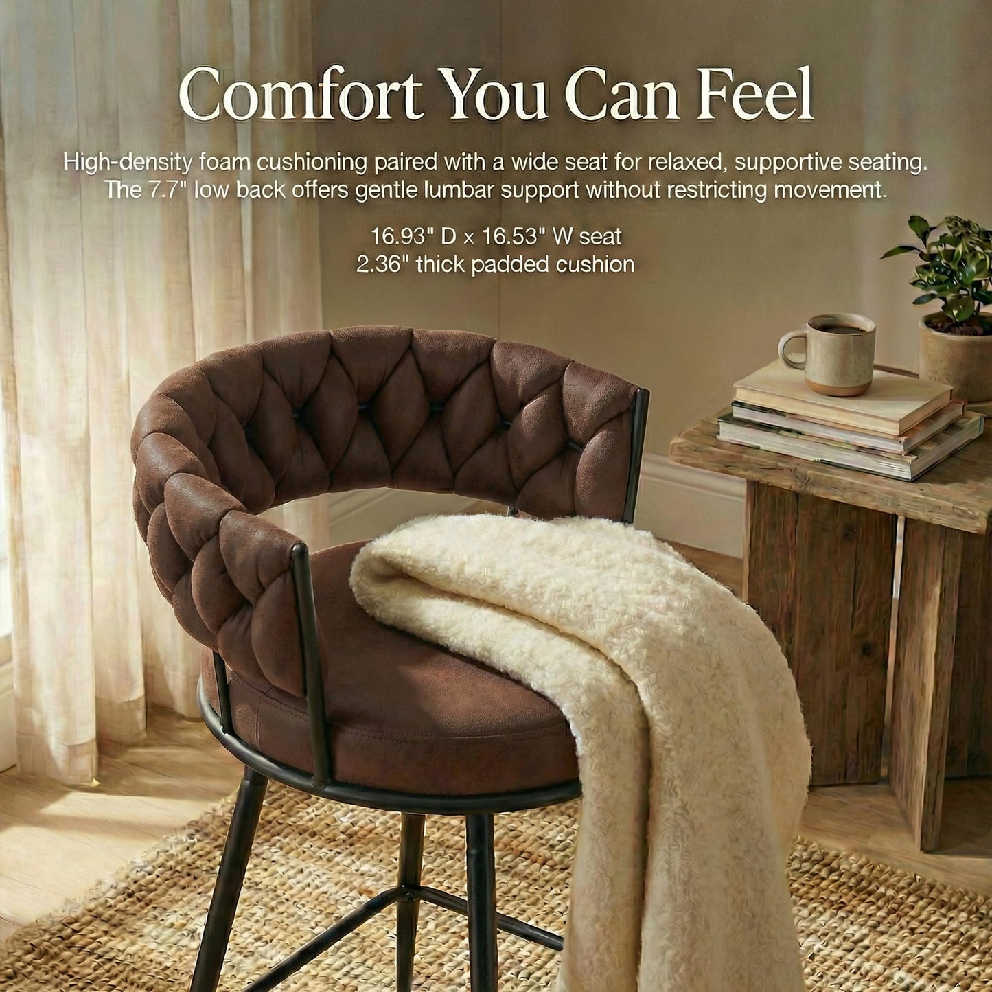 YOUNUOKE 360° Swivel Bar Stools Set of 2, 28 inch Seat Height Barstools with Woven Low Back, Metal Straight Legs with Footrest, Fabric Bar Stool for Kitchen Island, Bar & Pub (2 PCS, Dark Brown)