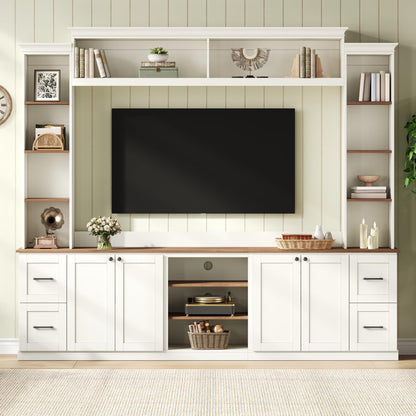 Ball & Cast 94.8" Entertainment Center Wall Unit with Bookshelf for TVs Up to 70",Farmhouse Large TV Stand with Walnut Adjustable Shelves,Retro Media Console with 4 Drawers for Living Room,White