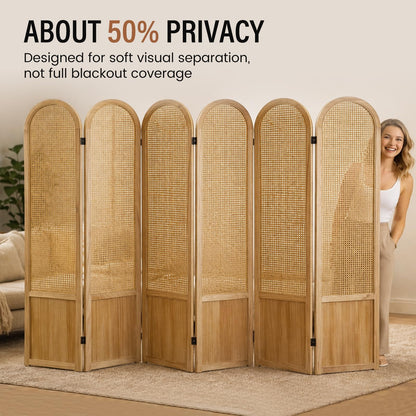 6 Panel Room Divider and Folding Privacy Screen, 5.6 Ft Foldable Double Hinged Rattan Partition, Hand-Woven Rattan Room Divider Portable Wood Freestanding Wall Divider for Room Separation - Natural