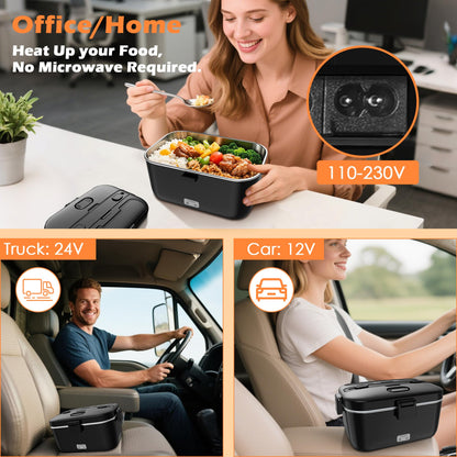 COZYEXPERT Electric-Lunch-Box-Heated-Food-Warmer 100W Heating Lunchbox for Adults 1.8L Portable Food Heater for Work/Car, 12V/24V/110-230V Lonchera Eléctrica Portátil with Fork Spoon (Black)