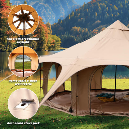 LVUYOYO Canvas Bell Tent, Glamping Yurt Waterproof Tent with Stove Jack and Storage Bag, Perfect for Family 4 Season Camping (16.4 * 9.18 FT)