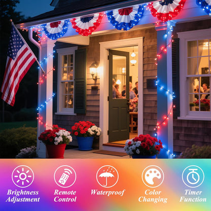 200 35 66FT 4th LED Christmas Lights Color Changing, Colors of July String Lights with Remote Timer, Connectable