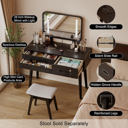 DONGMUWUJEE Solid Wood Vanity with Mirror and Lights, Adjustable Brightness, Wood Makeup Vanity with 3 Drawers, Semi-Assembled, Vanity Desk for Bedroom (Black)