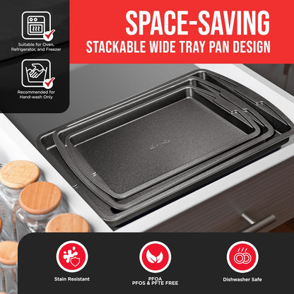 Bakken Swiss Cookie Sheet 3 Piece Set, Non-Stick Stackable Baking Pans with Gray Deluxe Ceramic Coating, Dishwasher Safe