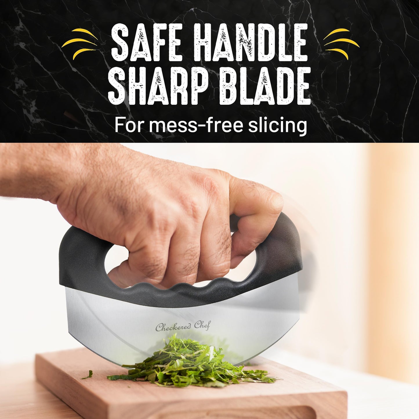 Checkered Chef Salad Chopper Tool with Cover, Mezzaluna Knife Stainless Steel Vegetable Rocker, Mincer, Cutter