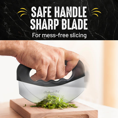 Checkered Chef Salad Chopper Tool with Cover, Mezzaluna Knife Stainless Steel Vegetable Rocker, Mincer, Cutter