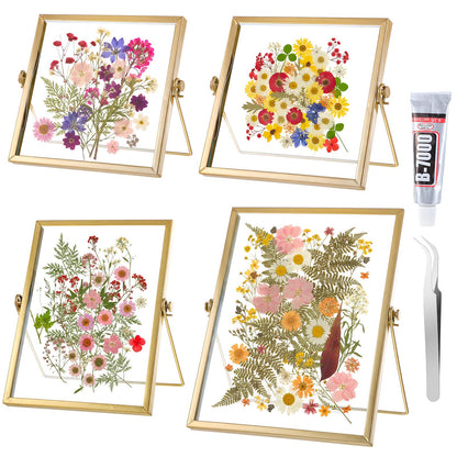 Thyle Flower Frame Pressed Kit, Include 4 Pcs Gold Metal Picture Frames and 140 Pcs Dried Pressed Flowers for Crafts DIY Floating Photo Frame for Tabletop Display, Home Decor, Gifts