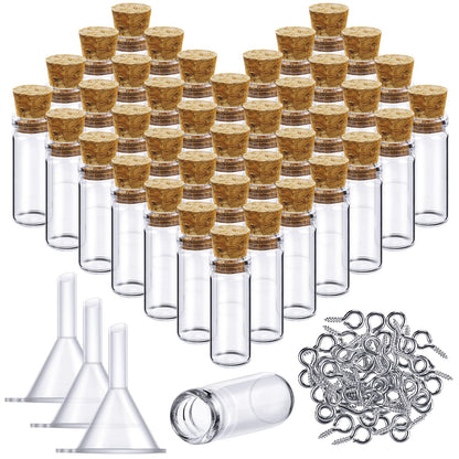 Yungyan 50 Pieces Small Mini Glass Bottles Jars with Cork Stoppers Set, Tiny Cork Glass Bottles with Eye Screws and Small Funnel for Decoration, Art Crafts, DIY Projects, Party Favors(5ml)