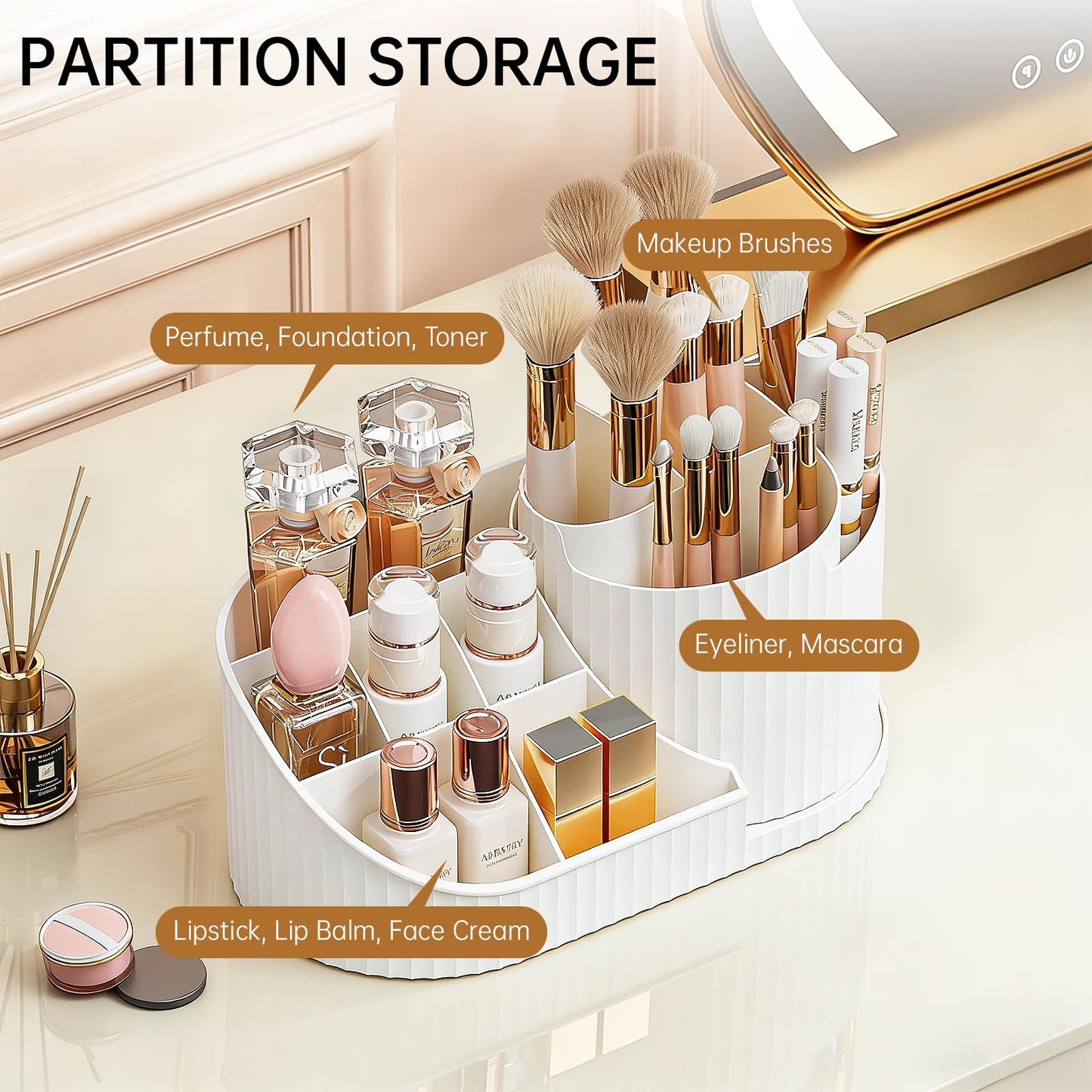Anyoifax 360 Rotating Makeup Brush Holder Organizer with Divider 5 Slots Make Up Brushes Cup Flower-Shaped Spinning Pen Holder for Vanity, Cosmetics, Lipsticks, White
