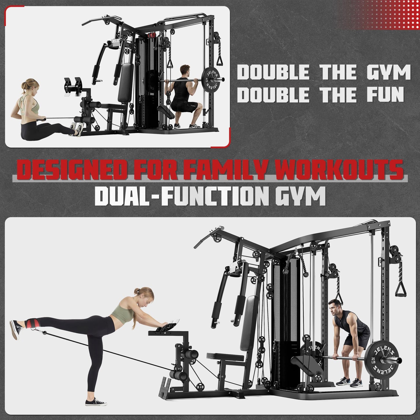 JELENS Home Gym System, 150LB Weight Stack Smith Machine with LAT Pull-Down & Leg Press, All-in-One Strength Training Equipment, Workout Station for Workout (Black, 140LBS Black Weights Package)