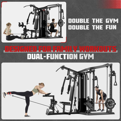 JELENS Home Gym System, 150LB Weight Stack Smith Machine with LAT Pull-Down & Leg Press, All-in-One Strength Training Equipment, Workout Station for Workout (Black, 140LBS Black Weights Package)