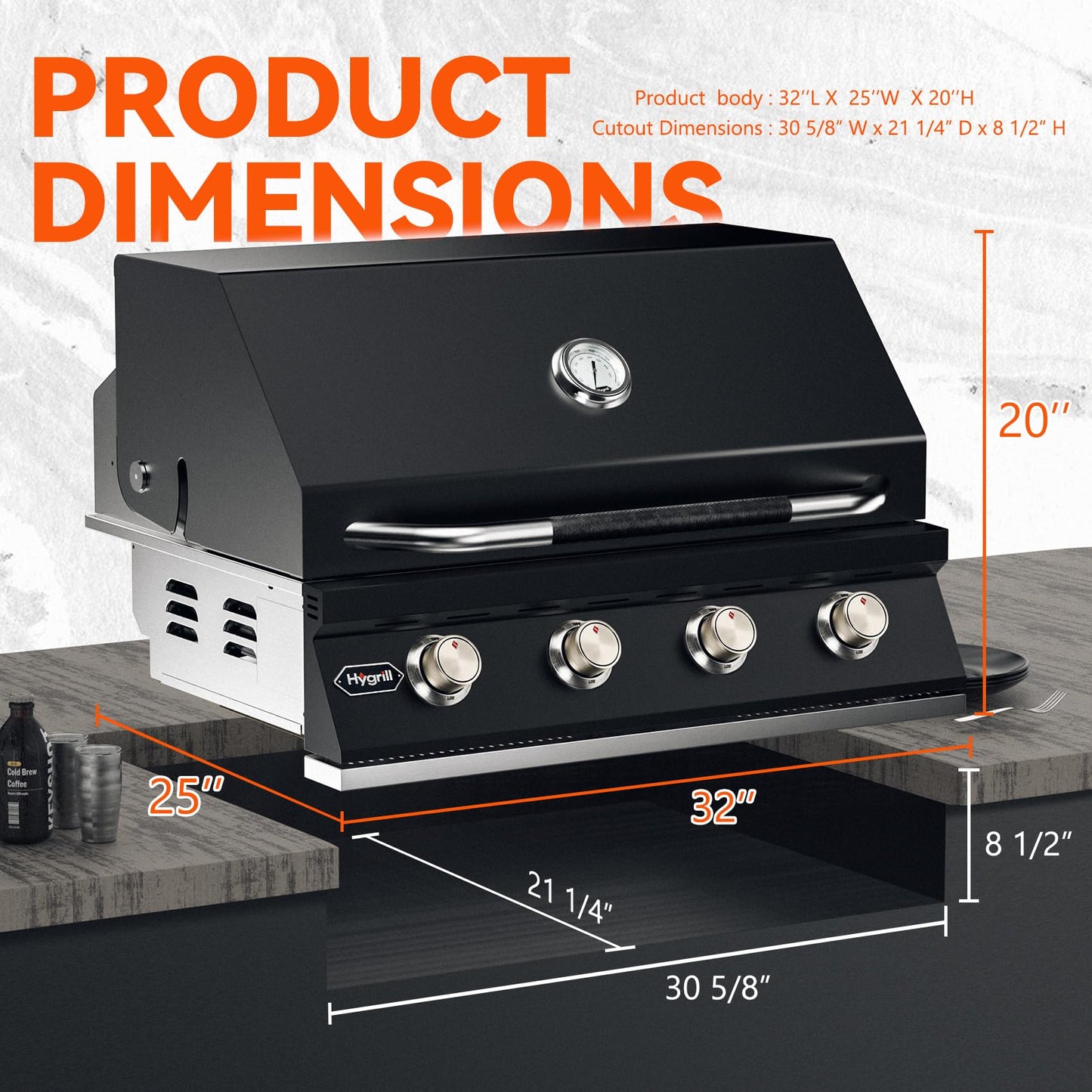 Hygrill STD Series 32-Inch Built In Grill for Natural Gas, Stainless Steel Outdoor Kitchen 4-Burner Grill Head, Black