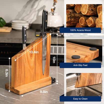 Gourmetop Magnetic Knife Holder with Built-in Sharpener, 100% Acacia Wood Magnetic Knife Block without Knives, Strong Double-Sided Magnetic Knife Holder for Kitchen Countertop Organization, Light Wood