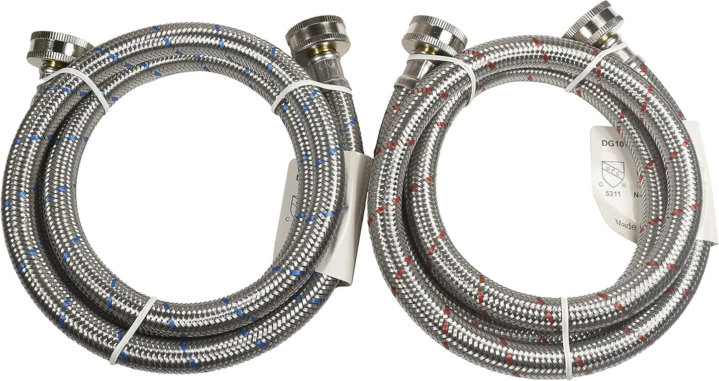 HQRP Premium Stainless Steel Washing Machine Hoses, 4-FT Burst Proof, 2-pack Red and Blue Striped