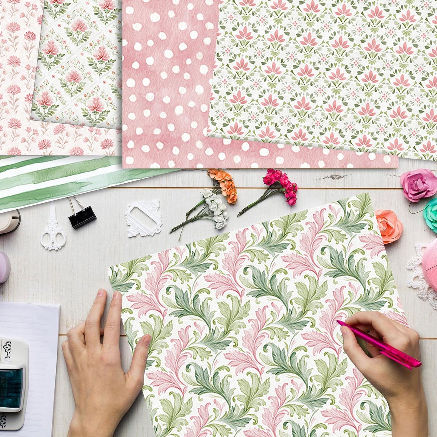 MerwDeeyt Scrapbook Paper 12x12 In and 6x6 In Pack, Spring Floral Patterned Paper for Scrapbooking, 48 Sheets Double Sided Decorative Craft Papers for Card Making Journaling Decor (Beige)