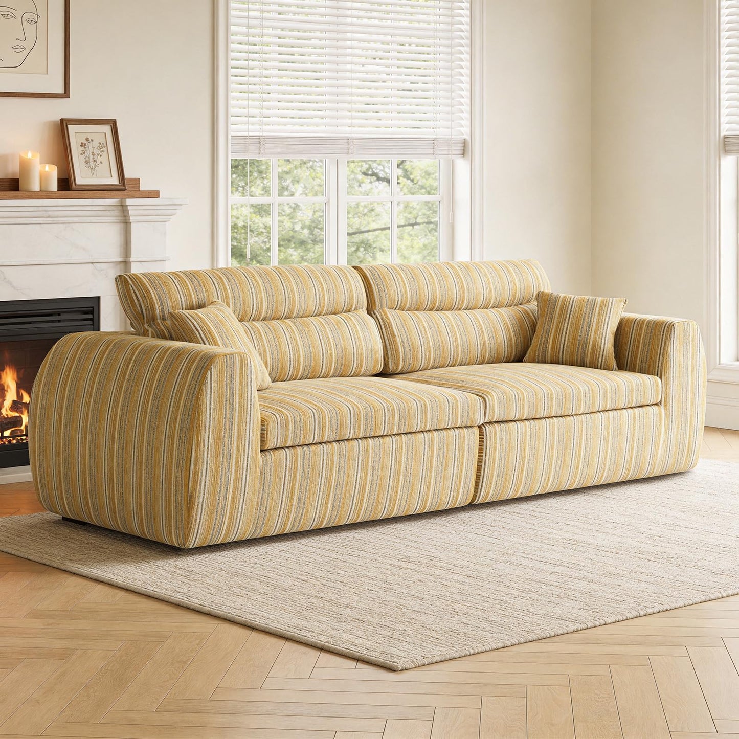 KEIKI 111" Boucle Striped Modular Compressed Sponge Sofa with High-Density Foam Cushion and Throw Pillows, Modern Style Oversized Upholstered 3-Seater Couch, Easy Assembly, for Living Room, Yellow