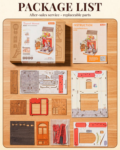 Rolife Book Nook Kit, Vienna Bookstore DIY Miniature Dollhouse Kit with LED Light, 1:18 Scale Miniature Wooden Puzzle for Adults, Mini Building Kit Bookshelf Library Theme Birthday Crafts Gift Decor